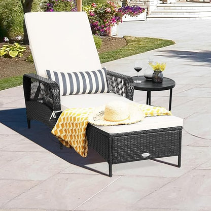 HAPPYGRILL Patio Chaise Lounge Chair Set of 2, Outdoor Rattan Wicker Recliner with Thick Cushion, Lumbar Pillow, Adjustable Backrest for Garden Porch Lawn Poolside