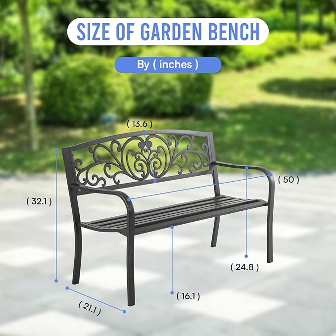 50 Inches Outdoor Garden Bench Cast Iron Metal Frame Patio Park Bench with Floral Pattern Backrest Patio Furniture Chair Outdoor Bench Lawn Yard,Black