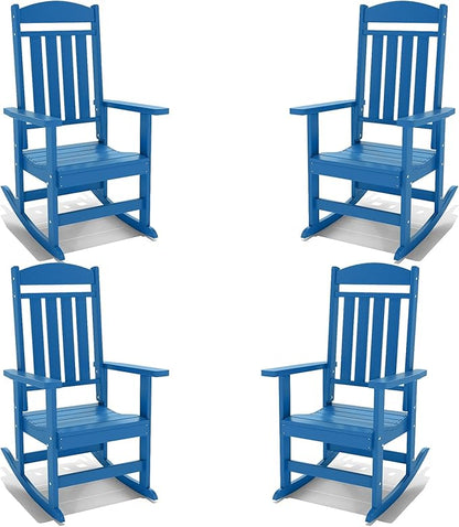 Outdoor Rocking Chairs Set of 4, Oversized High Back Patio Rocking Chairs, All Weather Porch Rocking Chairs for Outside. Pacific Blue