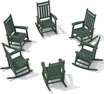 SERWALL HDPE Outdoor Rocking Chair Set of 6, Patio Rocking Chairs for Adults, All Weather Outdoor Rockers for Lawn, Green