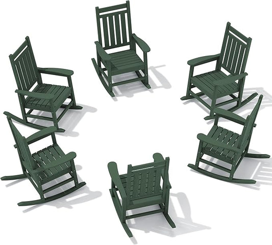SERWALL HDPE Outdoor Rocking Chair Set of 6, Patio Rocking Chairs for Adults, All Weather Outdoor Rockers for Lawn, Green
