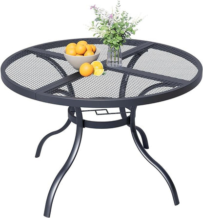 47'' Outdoor Patio Dining Table with Adjustable Umbrella Hole, Mesh Tabletop Round Table, Heavy Duty 400lbs Capacity, for Deck, Balcony, Bistro, Black