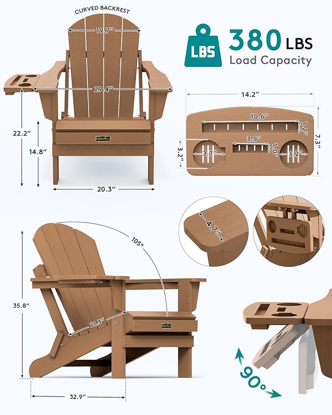 SERWALL Folding Adirondack Chair Set of 2, Outdoor Chairs with 4 in 1 Cup Holder, Wood Texture Adirondack Chairs - Photo 2