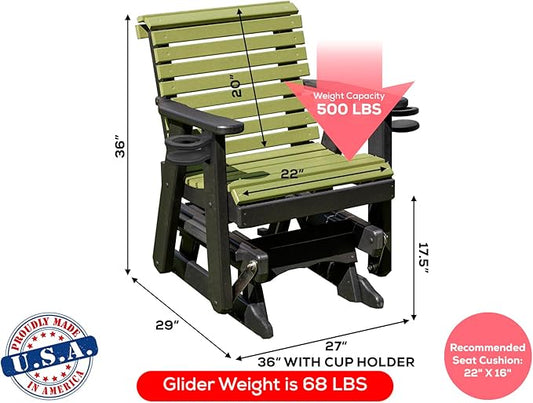 Amish Craftsmanship Made in USA 2FT Heavy Duty Poly Lumber Wood Porch Patio Glider HDPE with No wood fibers Lancaster Series Rollback design 500 lbs Limit With Cupholders Lime on Black