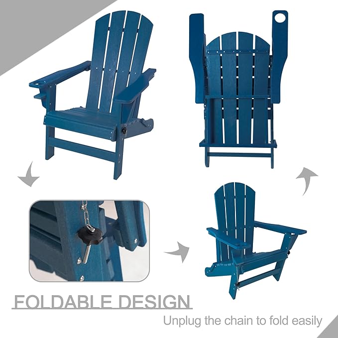 Kozyard Folding Adirondack Chair Patio Outdoor Chairs HDPE Plastic Resin Deck Chair Painted Weather Resistant for Deck, Garden, Backyard & Lawn Furniture, Fire Pit, Porch Seating(Navy Blue)