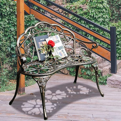 SSLine 38.5" Garden Patio Bench, Cast Aluminium Frame Antique Finish Rose Metal Outdoor Bench, Accented Lawn Front Porch Path Yard Decor Deck Furniture