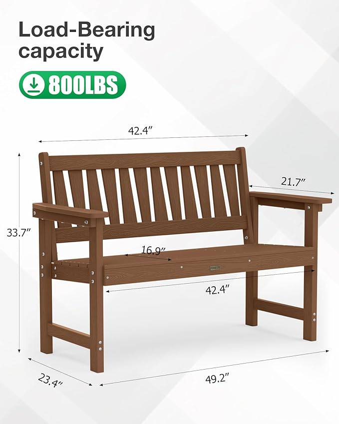 YEFU Outdoor Bench Weatherproof for Patio: 2-Person HIPS All Weather Garden Benches - Comfortable & Heavy Duty Patio Benches for Front Porch Backyard Park - Outside Furniture Bench, Teak