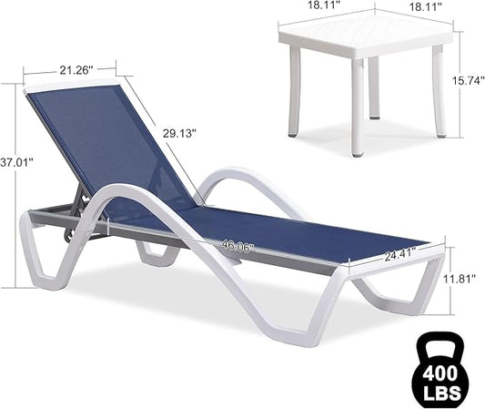 PURPLE LEAF Patio Chaise Lounge Chair Set Outdoor Plastic Textilene Lounger with Side Table 6 Adjustable Positions Sun Bathing Tanning Recliner for Pool Outside Beach in-Pool Lawn Poolside, Navy Blue