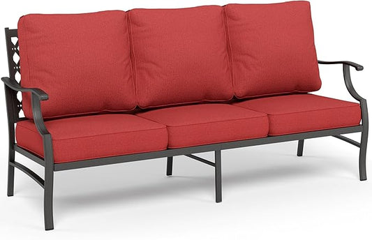 Metal Patio Furniture Sofa with 5.75" Extra Thick Waterproof Cushion, 3-Seater Deep Seat & High-Back Outdoor Couch All Weather Outdoor Seating for Backyard Deck Front Porch, Rust Red