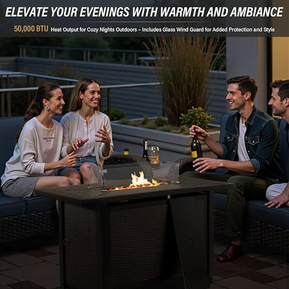 Belord Patio Furniture Set with Fire Pit Table - 8 Piece Outdoor Wicker Furniture Set with 43" 50000 BTU Propane Fire Pit and Rocking Chairs Patio Conversation Set for Deck Outside Backyard Red