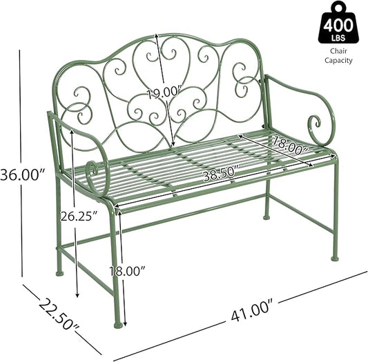 Merax 41 Inch Outdoor Garden Bench, Iron Metal Frame Patio Park Bench with Curled Decorative Pattern Backrest, Outside Bench for Front Porch Path Yard Lawn Backyard for 2 Person Seat, Green