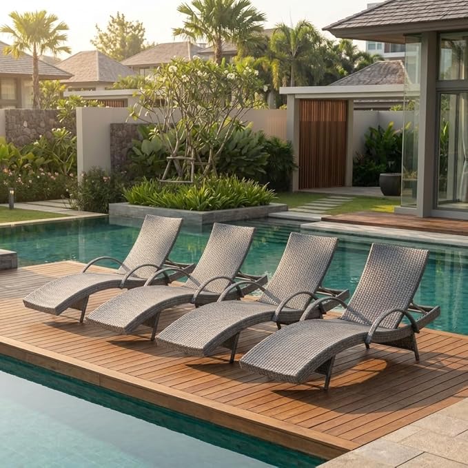 Wicker Outdoor Lounge Chairs with Pull Out Side Table, Pool Lounge Chairs Set of 4, Gray Rattan Outdoor Lounger, Adjustable Backrest Patio Chaise Lounges for Garden, Backyard, Tanning Chair, Grey