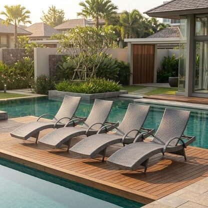 Wicker Outdoor Lounge Chairs with Pull Out Side Table, Pool Lounge Chairs Set of 4, Gray Rattan Outdoor Lounger, Adjustable Backrest Patio Chaise Lounges for Garden, Backyard, Tanning Chair, Grey