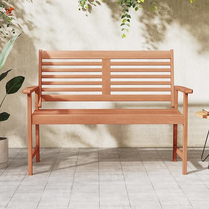Byroce 2-Person Outdoor Bench, Solid Wood Patio Loveseat with Comfy Backrest & Armrest, Heavy Duty Garden Bench for Outdoors Backyard, Park, Balcony & Front Porch, Teak Oil Rubbed (Horizontal Slat)