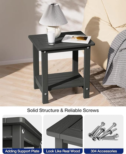 YEFU Outdoor Side Table for Patio: 16" HIPS Weather - Resistant Adirondack Tables Set of 2 - Small Square End Table for Backyard Living Room Bedroom - Indoor Outdoor Double Layer Table Dark Grey