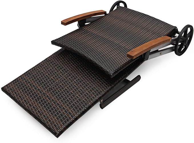 Tangkula Wicker Chaise Folding Back Adjustable Aluminum Rattan Lounger Recliner Chair W/Wheels (Mix Brown) - Photo 4