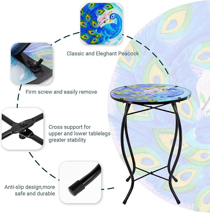 12 Inch Round Peacocks Glass Side Table, Patio Small Table, Outdoor Side Table, Outdoor Bar Table - Photo 4