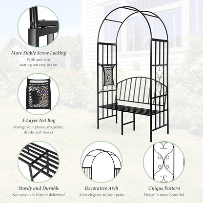 Garden Arch Heavy Duty Arbor with Bench Holds 660lbs Metal Arbor Archway for Climbing Plant & Two People Seat Bench Outdoor Lawn Backyard Decor, Black