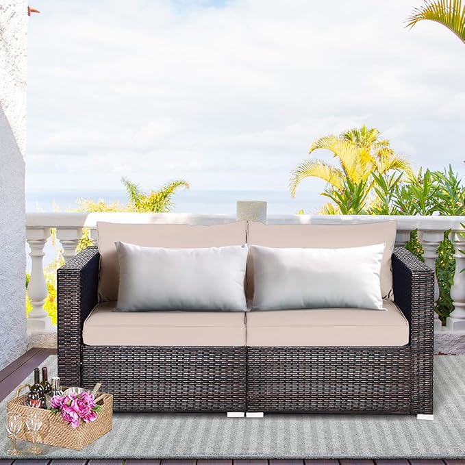 Tangkula Wicker Loveseat 2 Piece, Patio Furniture Couch with Removable Cushions, Rattan Loveseat Sofa for Balcony, Deck - Photo 2