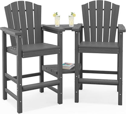 KINGYES Tall Adirondack Chair Set of 2, All-Weather HDPE Outdoor Adirondack Barstools with Removable Double Connecting Trays, High Airondack Chair with Wood Grain, Embossed Balcony Chair, Gray