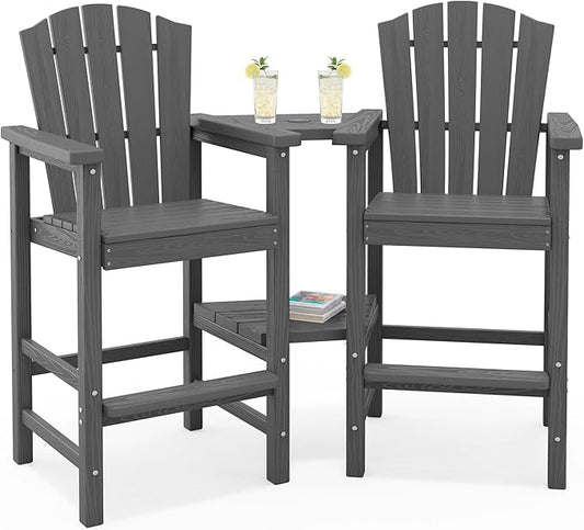 KINGYES Tall Adirondack Chair Set of 2, All-Weather HDPE Outdoor Adirondack Barstools with Removable Double Connecting Trays, High Airondack Chair with Wood Grain, Embossed Balcony Chair, Gray
