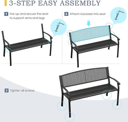 VICLLAX Outdoor Garden Bench, 50” Long Metal Patio Bench with Backrest and Armrests, Modern Slatted Black Park Bench for Front Porch, Lawn, Yard, Garden, Round Pattern Back