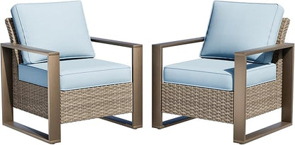 Patio Metal Wicker Chairs Set of 2, All Weather Outdoor Rattan Dining Chairs with Rectangular Framed Wood-Looking Armrest & Fade-Resistant Cushions for Deck Balcony Backyard, Baby Blue