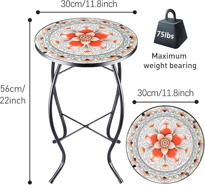 12 Inch Small Outdoor Side Table with Pink Flower, Glass Mosaic Patio Table Indoor - Photo 3