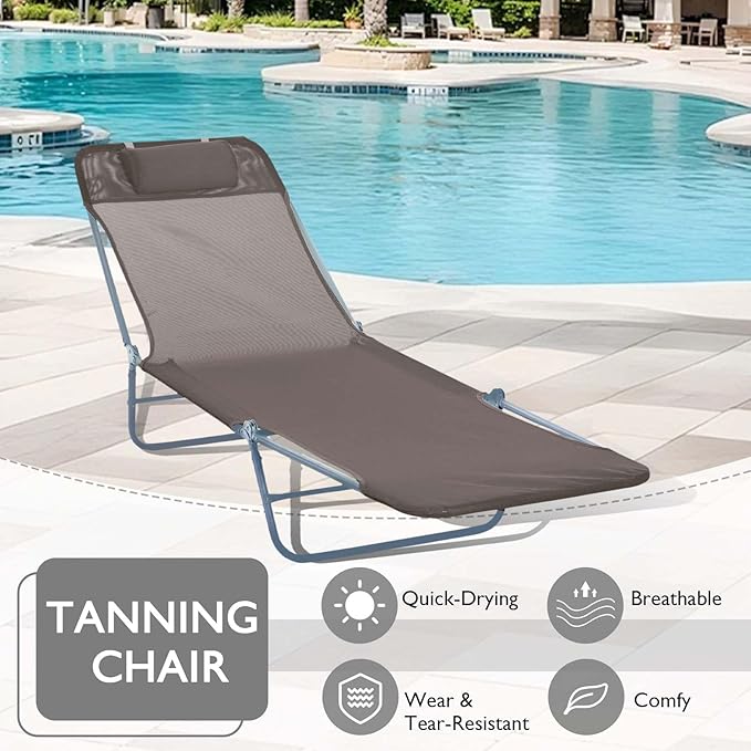 Folding Chaise Lounge Chair, Pool Sun Tanning Chair, Outdoor Lounge Chair with 5-Position Reclining Back, Breathable Mesh Seat, Headrest for Beach, Yard, Patio(Brown)