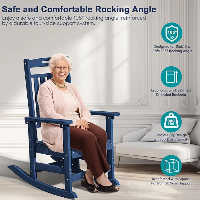 Plawdlik Oversized Rocking Chair,HDPE All-Weather Outdoor Rocking Chair,Patio Rocking Chairs for Porch.Navy Blue