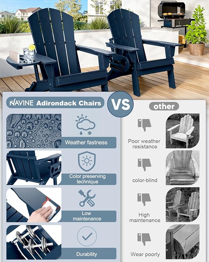 Adirondack Chair Set of 8, HDPE Folding Adirondack Chair with Multifunctional Cup Holder, Weather Resistant Fire Pit Chair for porches, patios, poolsides, Decks.