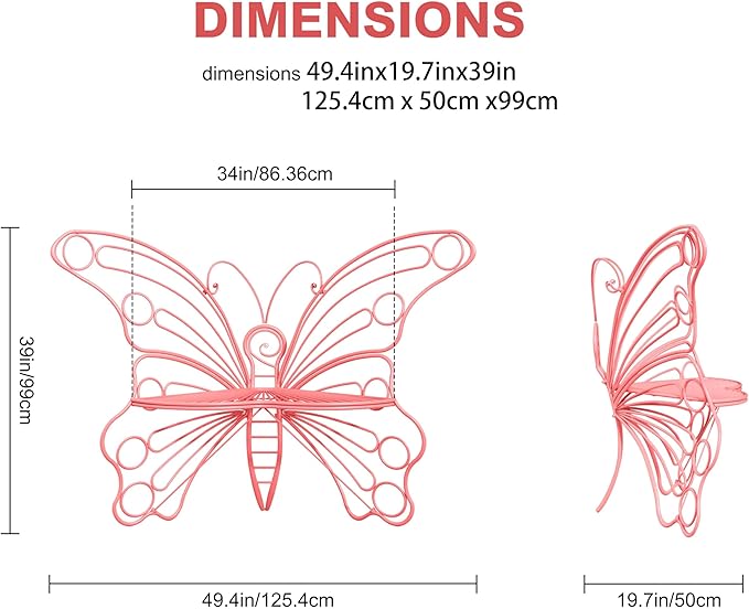 Pink Cute Butterfly Benches for Outdoors, Pretty Garden Bench & 50" Metal Outside Bench, Front Porch Benches Outdoor with Sturdy Frame for Lawn Yard Balcony (Pink)