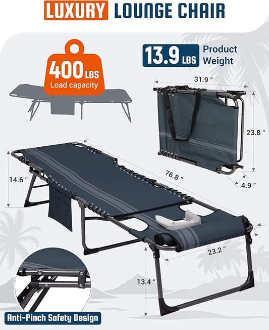 KingCamp Lounge Chair with face Hole, 400LBS Tanning Chairs for Outside, Adjustable 5-Position Beach Lounge Chairs Folding Sun Tanning Chair for Outside Beach Patio Sun Bathing Pool Backyard