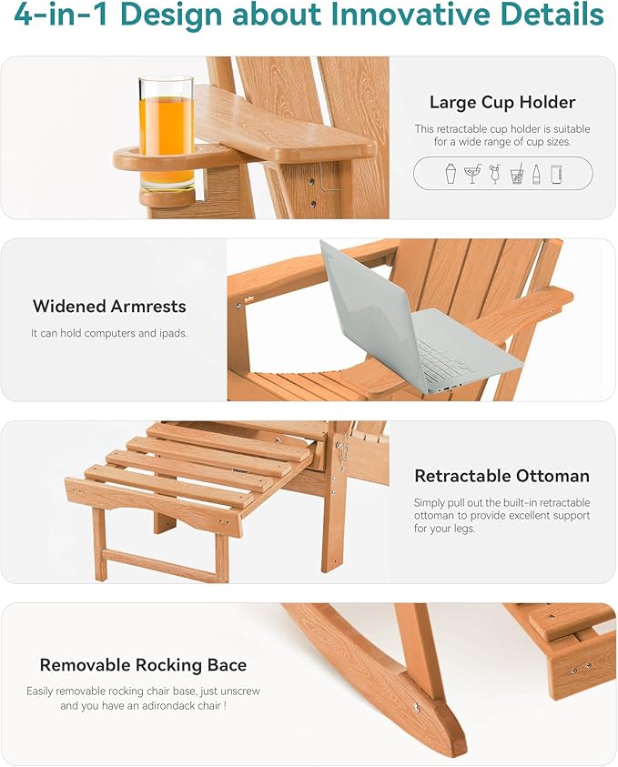 Adjustable Adirondack Rocking Chair with Retractable Ottoman, 4-in-1 Multifunctional Folding Patio Chair with Cup Holder, Outdoor Chair Wood Texture for Lawn, Porch, Backyard, Pool(Teak)