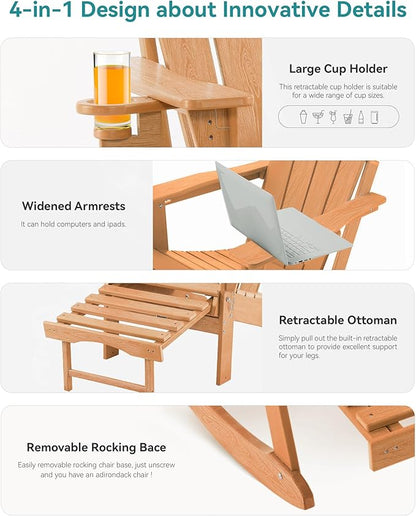 Adjustable Adirondack Rocking Chair with Retractable Ottoman, 4-in-1 Multifunctional Folding Patio Chair with Cup Holder, Outdoor Chair Wood Texture for Lawn, Porch, Backyard, Pool(Teak)
