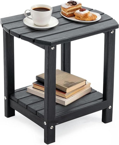 Adirondack Small Outdoor Side Table - Weatherproof HDPE Patio End Table with 2-Tier Storage for Firepit, Balcony, Garden, Poolside or Bathroom (Dark Black, Set of 1)