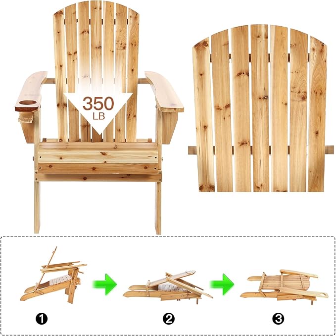 Folding Adirondack Chairs, Outdoor Wooden Lawn Chairs with Cup Holder, Patio Chair for Garden,Yard,Poolside,Backyard, 350lb Weight Capacity(Natural)