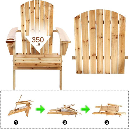 Folding Adirondack Chairs, Outdoor Wooden Lawn Chairs with Cup Holder, Patio Chair for Garden,Yard,Poolside,Backyard, 350lb Weight Capacity(Natural)