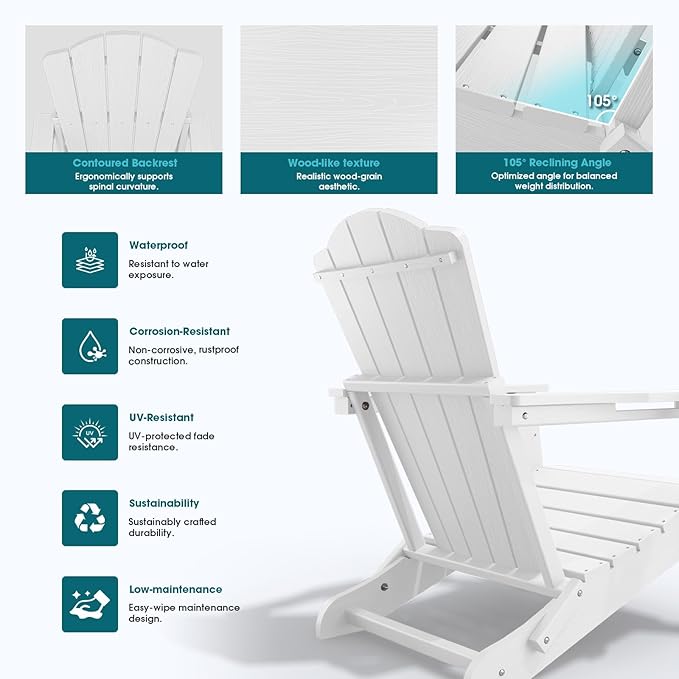 Folding Adirondack Chair,HDPE All-Weather Outdoor Chair with Cup Holder,Wooden Textured,Fire Pit Chair,Plastic Patio Chair for Deck,Backyard,Garden,Lawn(White)