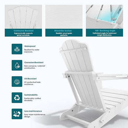 Folding Adirondack Chair Set of 4,HDPE All-Weather Outdoor Chair with Cup Holder,Wooden Textured,Fire Pit Chair,Plastic Patio Chair for Deck,Backyard,Garden,Lawn(White)