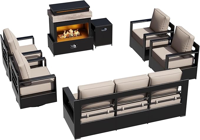 Outdoor Aluminum Furniture Set, 6-Piece Patio Conversation Set, 2 Swivel Chairs, 2 Chairs, 1 Sofa and 1 Fireplace - Photo 9