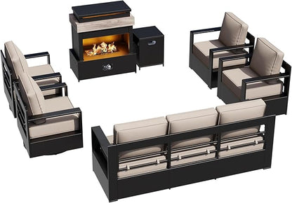Outdoor Aluminum Furniture Set, 6-Piece Patio Conversation Set, 2 Swivel Chairs, 2 Chairs,1 Sofa and 1 Fireplace, All-Weather Metal Frame, 6" Thick Removable Cushions, Deep Setting for Porch
