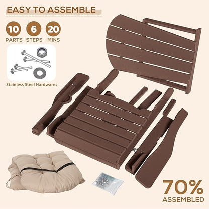 Adirondack Chair with Cushion & Cup Holder, HDPE Folding Adirondack Chair with Wood-Like Grain Outdoor Fire Pit Chairs for Patio/Porch/Swimming Pool/Camping (Brown)