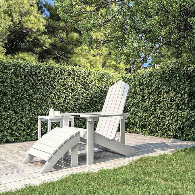 White HDPE Adirondack Chair with Footstool, High-Density Polyethylene Outdoor Furniture for Patio, Garden - Photo 1