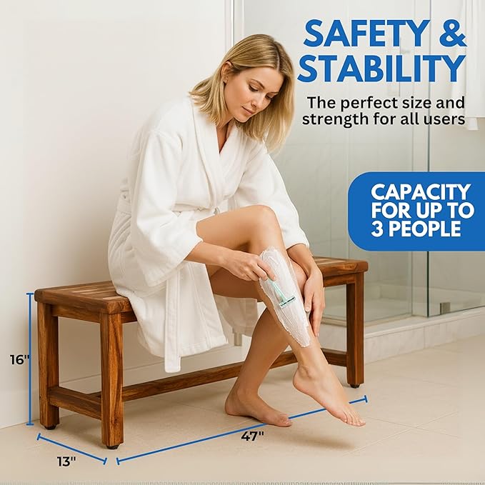Decoteak EcoDecors Eleganto 47 Inch Natural Color Waterproof Teak Wood Shower Bench Stool Seat Chair for Inside Shower Provides Safety, Storage, and Organization for Bathroom Accessories