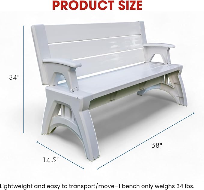 Convert-a-Bench 2-in-1 Outdoor Bench & Picnic Table - Foldable, Weather-Resistant Seating - Perfect for Patio, Lawn, Garden, or Deck - Durable Construction, Easy Assembly - 1 Bench/Order, White