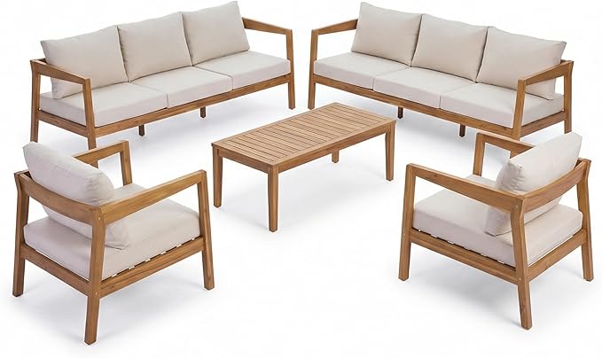 Merax 5 Piece Acacia Wood Patio Furniture Set, 3-Seater Sofa - Photo 5