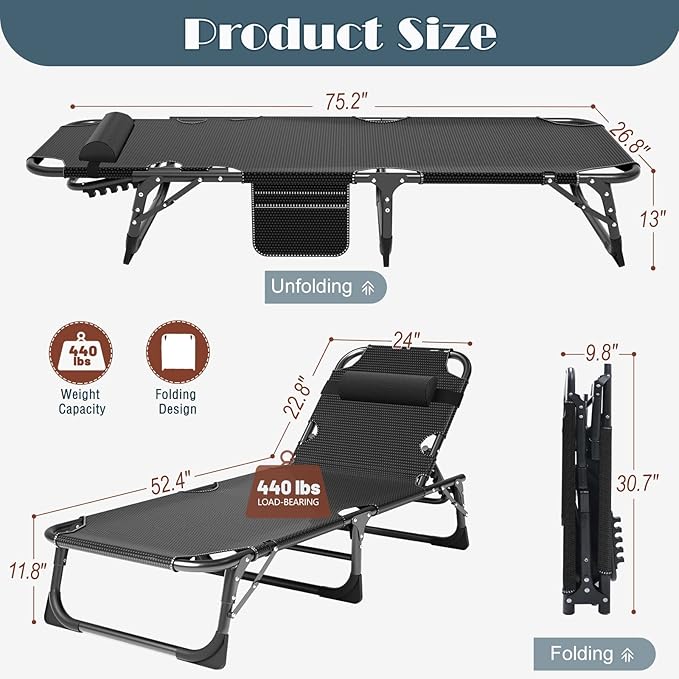 DoCred Heavy Duty Chaise Lounge Chair, Adjustable 5-Position Folding Chaise Lounge Chairs for Outside - Photo 3