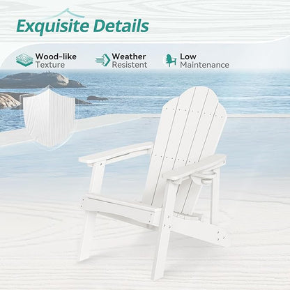 HDPE Adirondack Chairs Set of 2, Salt-Spray & Weather Resistant Outdoor Seating with Hidden Cup Holder for Porch, Poolside, Deck & Coastal Backyard, White