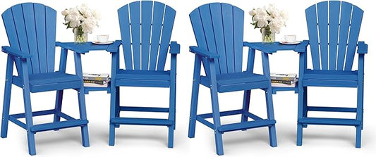 Ciokea Tall Adirondack Chairs Set of 4, HDPE Outdoor Adirondack Bar Stools with Double Connecting Tray, Weather Resistant High Back Adirondack Balcony Chairs for Deck, Lawn, Pool, Backyard, Navy Blue